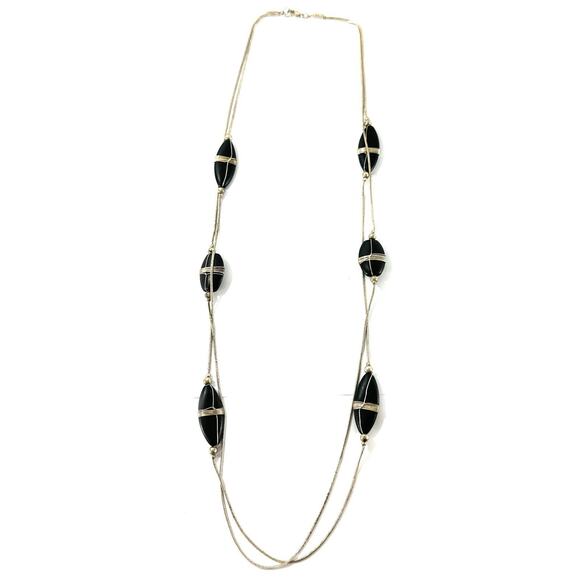 Vintage Black Stone Wire Wrapped Bead Necklace Silver Tone Double Strand 29” - Picture 1 of 4
